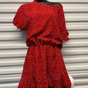 MED - Red Polkadotted Off Shoulder Dress